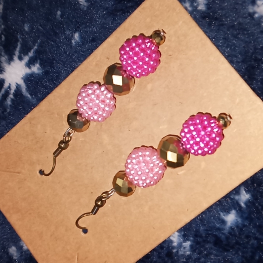 Hand Crafted Pink and gold metallic crystal statement earrings dangling earrings